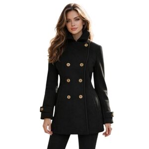 SZ6 Lands' End Black Pea Coat Anchor Buttons Nautical Coastal